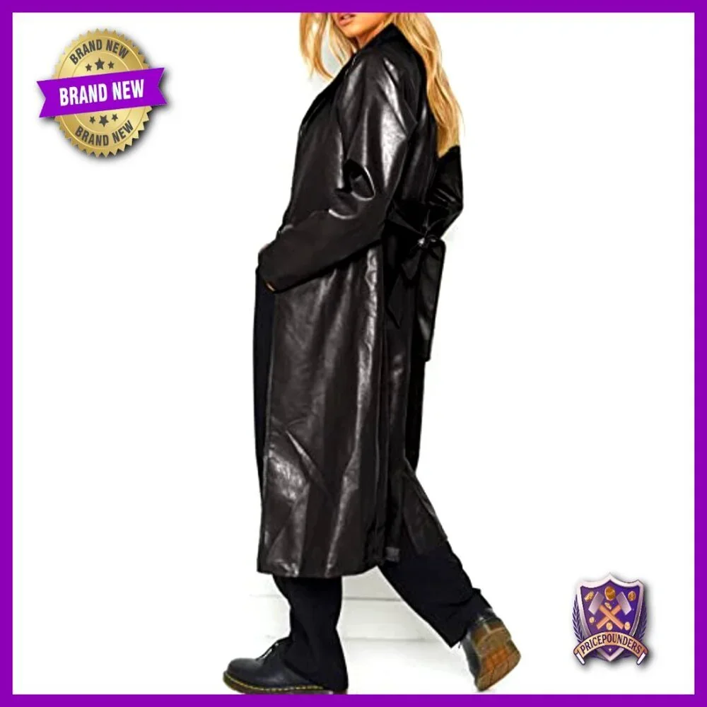 Faux Leather Trench Coat Lapel Open Front Belted Elegant Chic Street Style